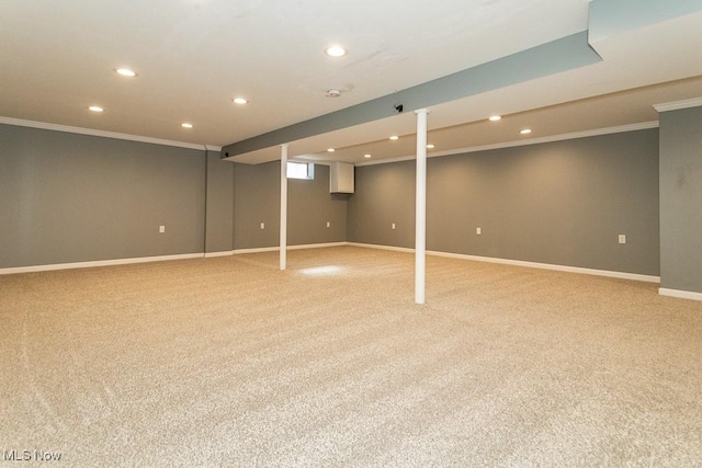 basement featuring crown molding and carpet