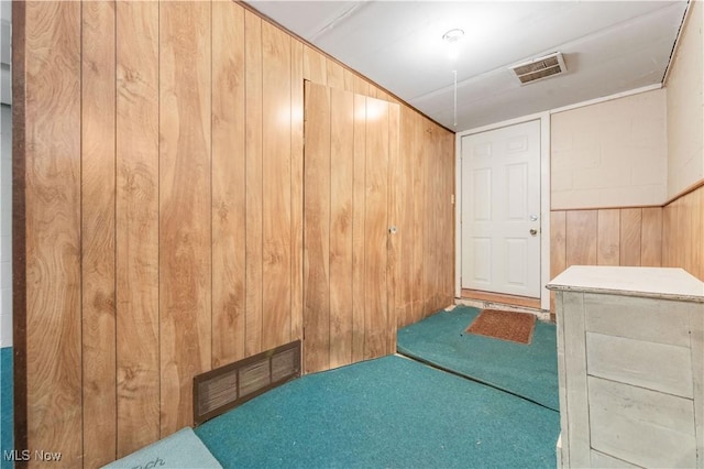 basement featuring wooden walls and carpet