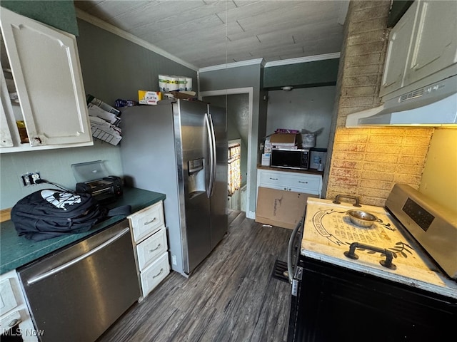 kitchen featuring white cabinetry, appliances with stainless steel finishes, dark wood-type flooring, and crown molding