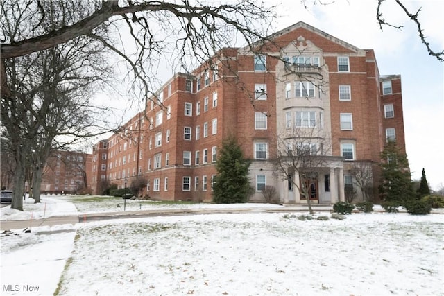 view of snow covered building