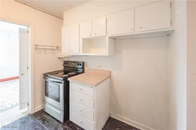 kitchen with white cabinets and stainless steel electric range