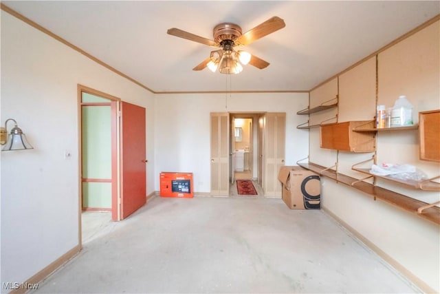 interior space with crown molding and ceiling fan