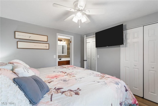 bedroom with connected bathroom, wood-type flooring, and ceiling fan