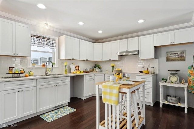 kitchen with dark hardwood / wood-style flooring, sink, and white cabinets