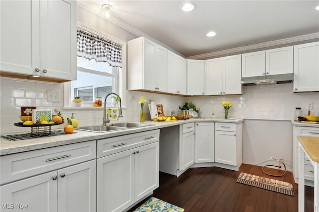 kitchen with tasteful backsplash, sink, white cabinets, dark hardwood / wood-style flooring, and crown molding