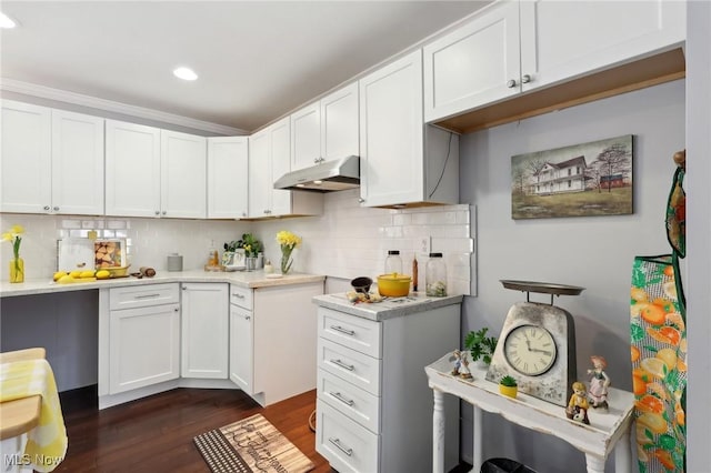 kitchen with white cabinetry, dark hardwood / wood-style flooring, and backsplash