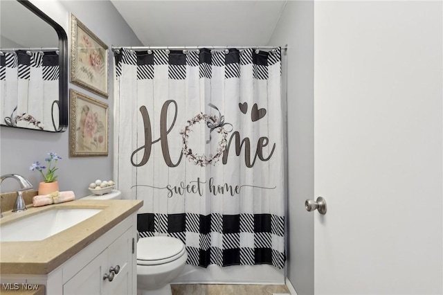 bathroom featuring a shower with curtain, vanity, wood-type flooring, and toilet