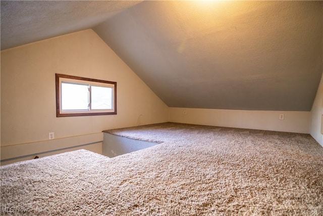 additional living space with carpet floors, vaulted ceiling, and a textured ceiling