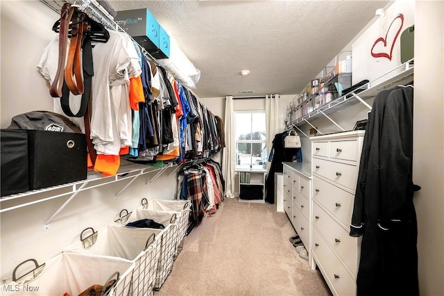 spacious closet featuring light colored carpet