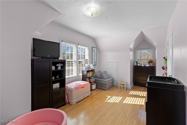 interior space with lofted ceiling and light wood-type flooring