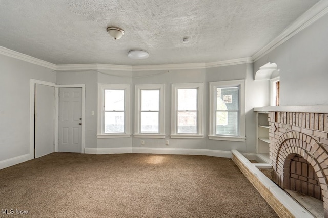 unfurnished living room with crown molding, a fireplace, a healthy amount of sunlight, and carpet flooring