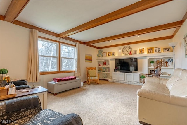 carpeted living room with beam ceiling