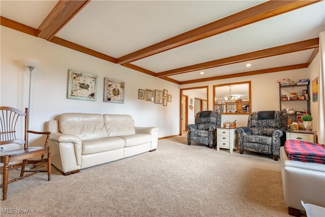 living room with beam ceiling and carpet flooring