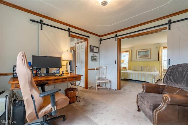 office featuring ornamental molding, a barn door, and carpet