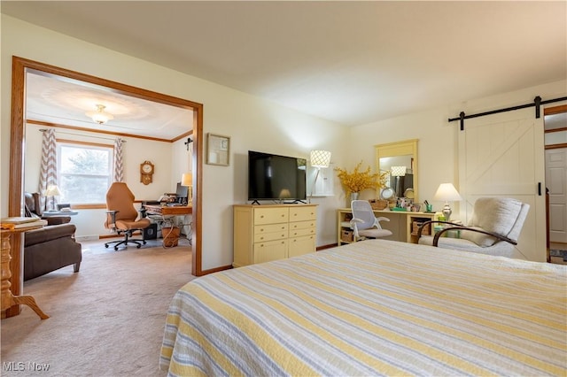 carpeted bedroom with a barn door