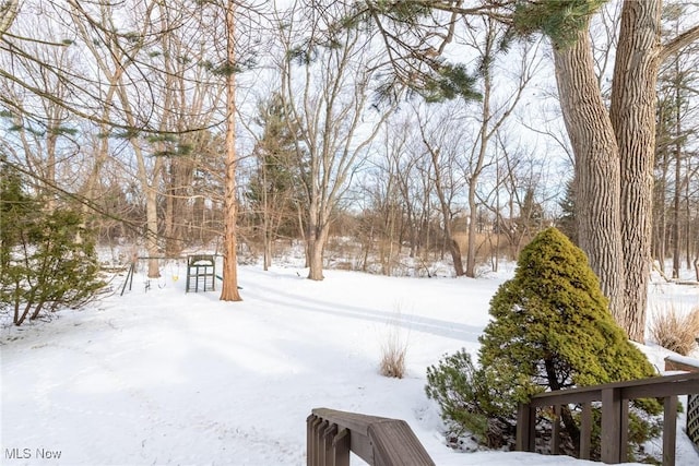 view of yard layered in snow