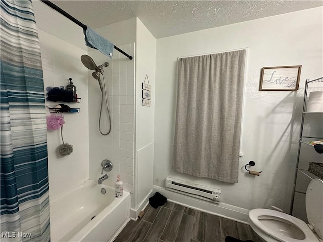 bathroom with wood-type flooring, shower / tub combo, a textured ceiling, and toilet