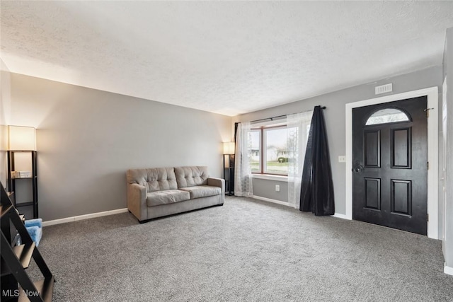 living room with carpet flooring and a textured ceiling