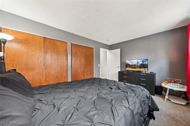 bedroom featuring two closets and carpet