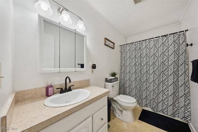 bathroom with curtained shower, vanity, ornamental molding, toilet, and tile patterned floors