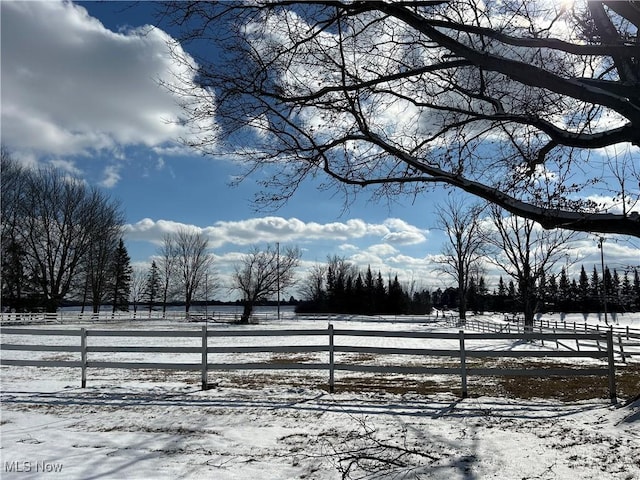 yard layered in snow with a rural view