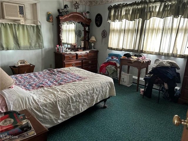 bedroom with a wall mounted AC and carpet floors