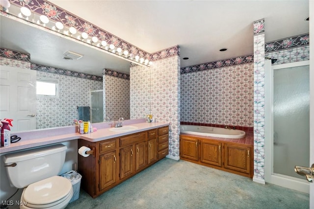 full bathroom with toilet, vanity, shower with separate bathtub, and tile walls