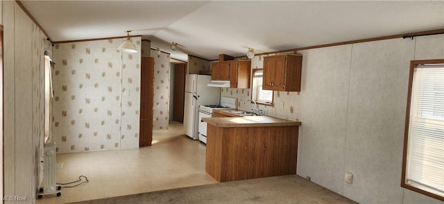 kitchen featuring lofted ceiling, sink, decorative light fixtures, white appliances, and a healthy amount of sunlight