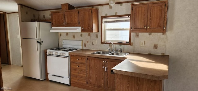 kitchen with crown molding, sink, and white appliances