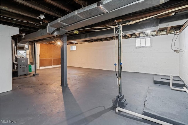 basement featuring heating unit