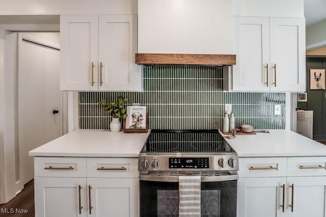 kitchen featuring tasteful backsplash, white cabinetry, premium range hood, and electric range