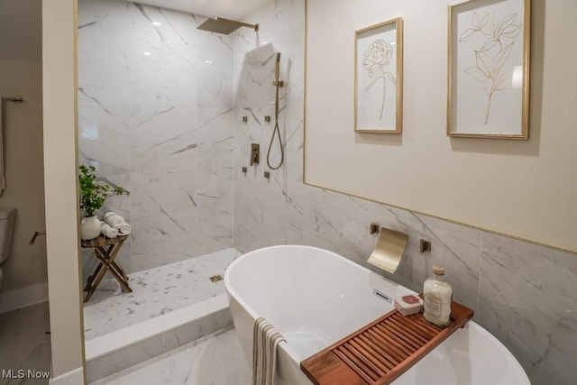 bathroom featuring independent shower and bath, tile walls, and toilet