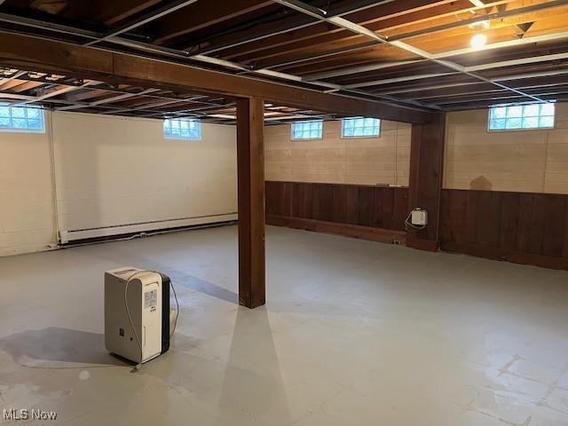 basement with a baseboard heating unit, a wealth of natural light, and wood walls