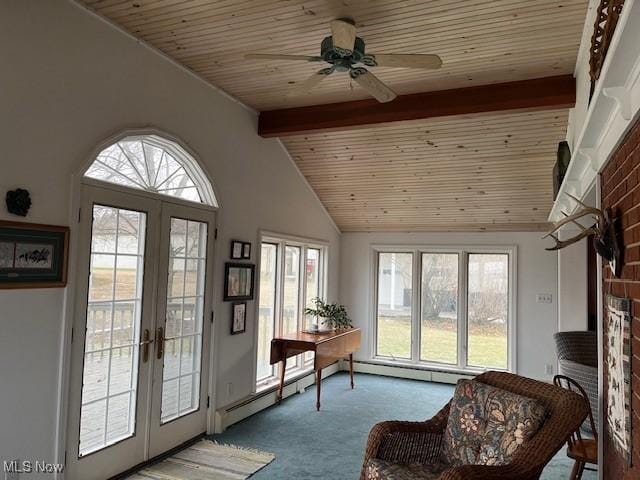 interior space featuring light carpet, lofted ceiling with beams, french doors, and a healthy amount of sunlight