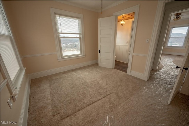 unfurnished bedroom featuring ornamental molding and carpet