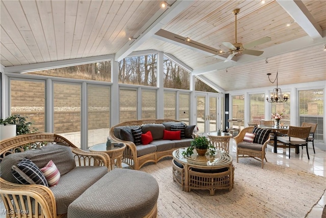 sunroom featuring vaulted ceiling with beams, ceiling fan with notable chandelier, and wooden ceiling