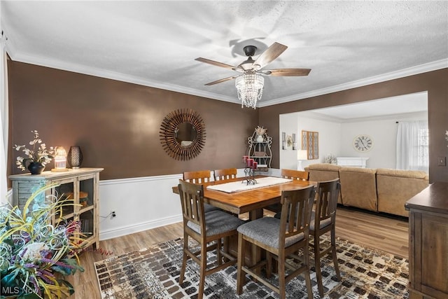 dining room with crown molding, ceiling fan, hardwood / wood-style floors, and a textured ceiling