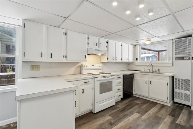 kitchen with light countertops, white electric range, white cabinets, dishwasher, and under cabinet range hood