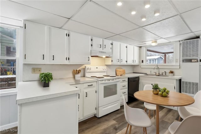 kitchen featuring under cabinet range hood, white electric range, white cabinetry, black dishwasher, and light countertops