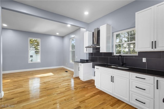 kitchen with white cabinetry, wall chimney exhaust hood, sink, and backsplash