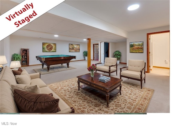 615 Crystal Brooke Dr, Hinckley, OH 44233 - living room featuring billiards table, recessed lighting, carpet floors, and baseboards