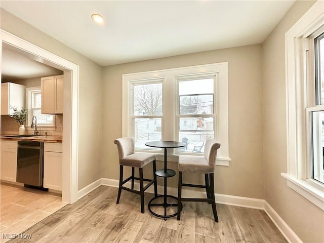 dining room with sink and light hardwood / wood-style flooring