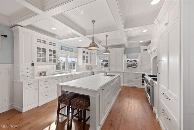 kitchen with white cabinetry, sink, stainless steel stove, and an island with sink