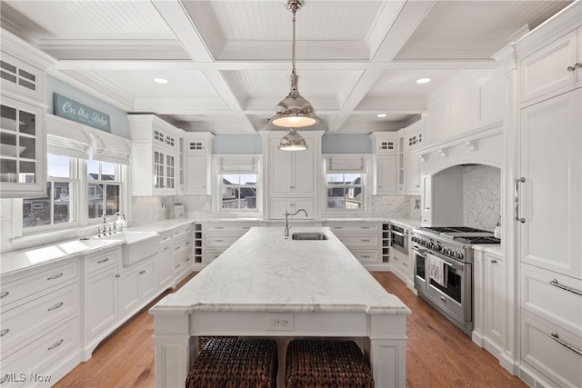 kitchen with white cabinetry, an island with sink, and stainless steel range