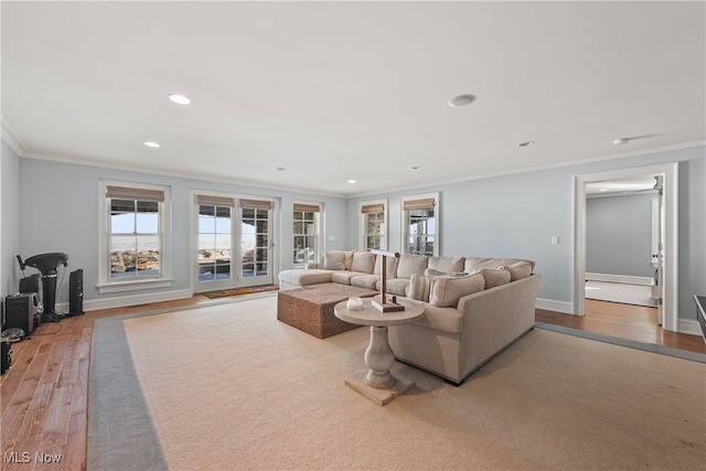 living room with ornamental molding and light hardwood / wood-style floors