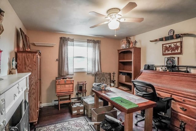 home office with ceiling fan and hardwood / wood-style floors