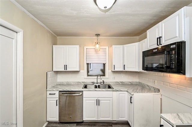 kitchen with sink, white cabinetry, hanging light fixtures, tasteful backsplash, and stainless steel dishwasher