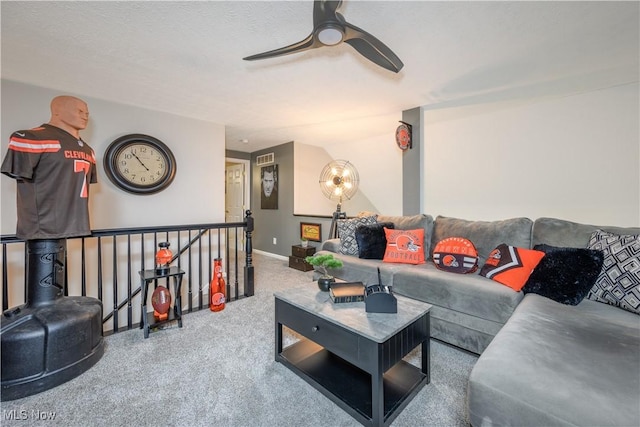 1145 Cookhill Cir, Akron, OH 44312 - living area with a ceiling fan, carpet flooring, visible vents, and baseboards