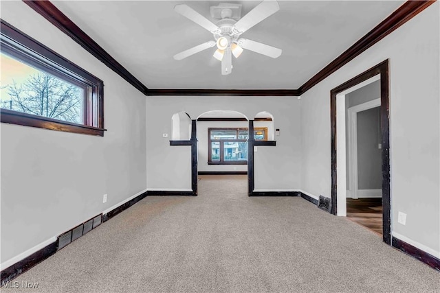 empty room featuring ornamental molding, ceiling fan, and carpet