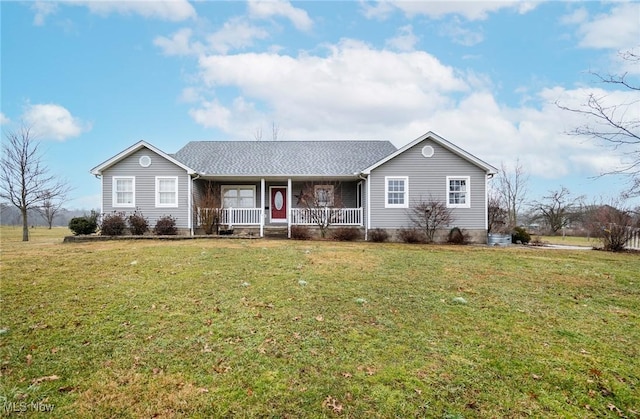 ranch-style house featuring a front yard and a porch